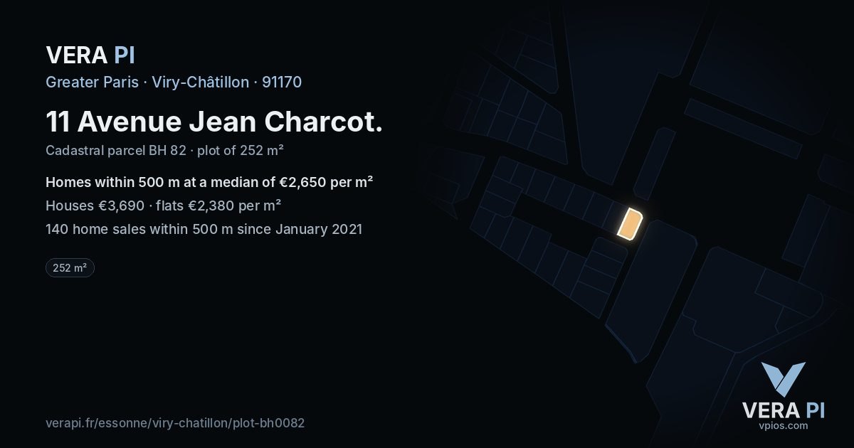 11 Avenue Jean Charcot, Viry-Châtillon at night – the plot lit, the parcels around coloured by the prices near them