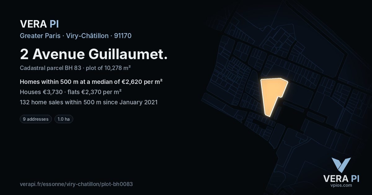 2 Avenue Guillaumet, Viry-Châtillon at night – the plot lit, the parcels around coloured by the prices near them