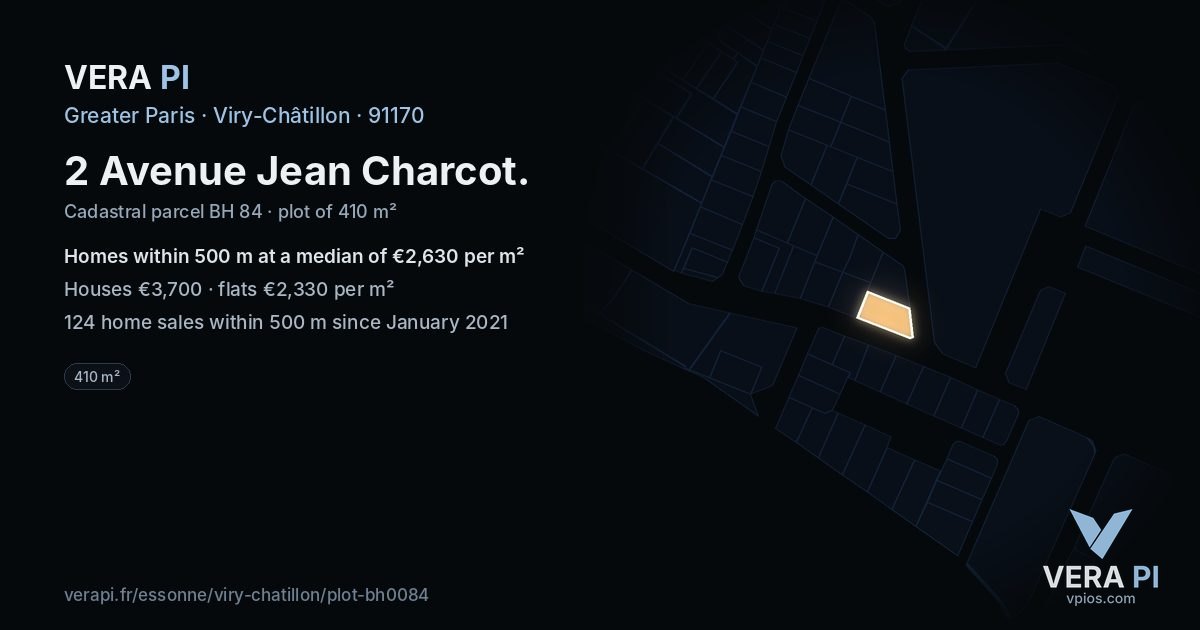 2 Avenue Jean Charcot, Viry-Châtillon at night – the plot lit, the parcels around coloured by the prices near them