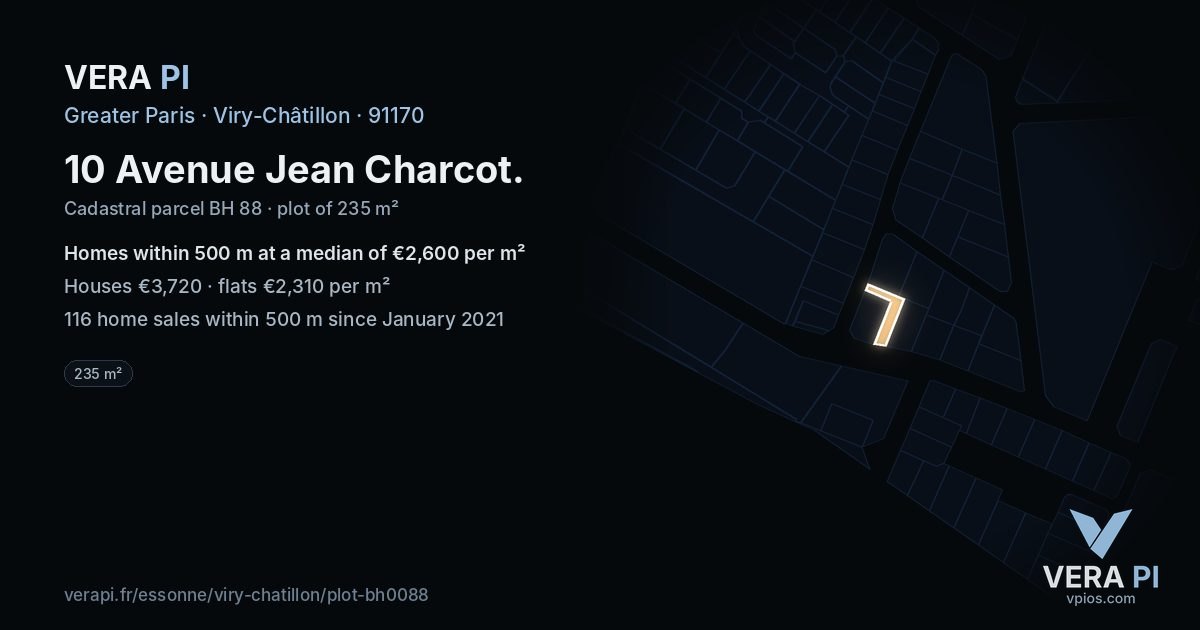 10 Avenue Jean Charcot, Viry-Châtillon at night – the plot lit, the parcels around coloured by the prices near them