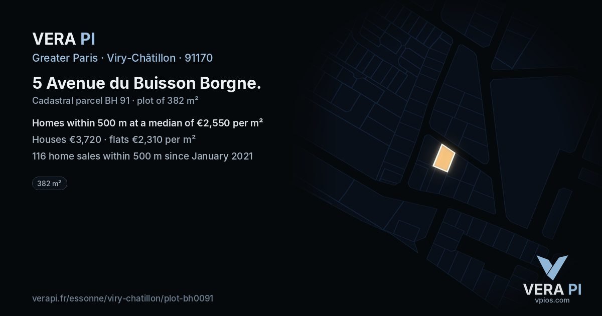 5 Avenue du Buisson Borgne, Viry-Châtillon at night – the plot lit, the parcels around coloured by the prices near them