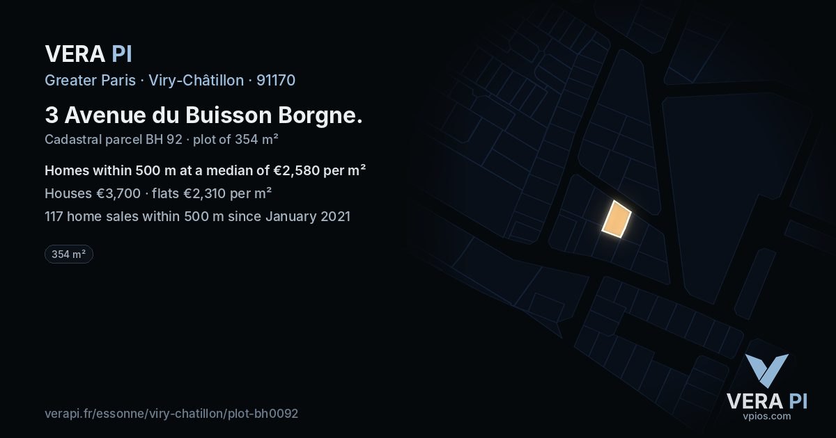 3 Avenue du Buisson Borgne, Viry-Châtillon at night – the plot lit, the parcels around coloured by the prices near them