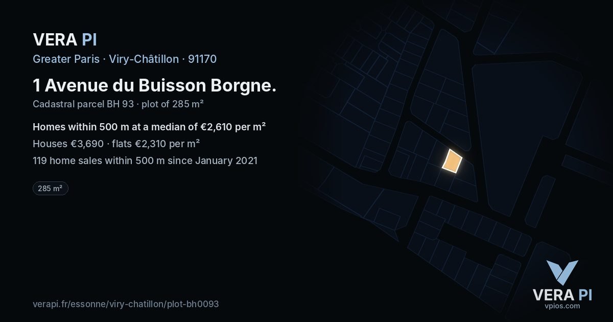 1 Avenue du Buisson Borgne, Viry-Châtillon at night – the plot lit, the parcels around coloured by the prices near them