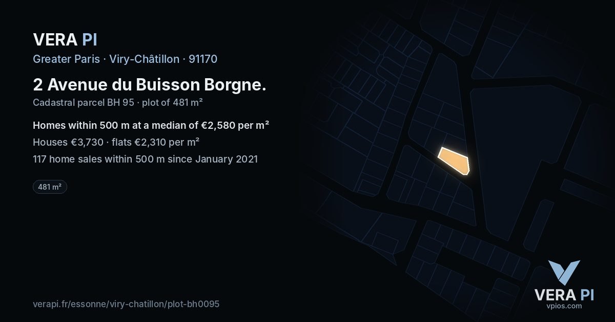 2 Avenue du Buisson Borgne, Viry-Châtillon at night – the plot lit, the parcels around coloured by the prices near them