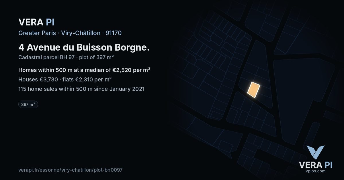 4 Avenue du Buisson Borgne, Viry-Châtillon at night – the plot lit, the parcels around coloured by the prices near them