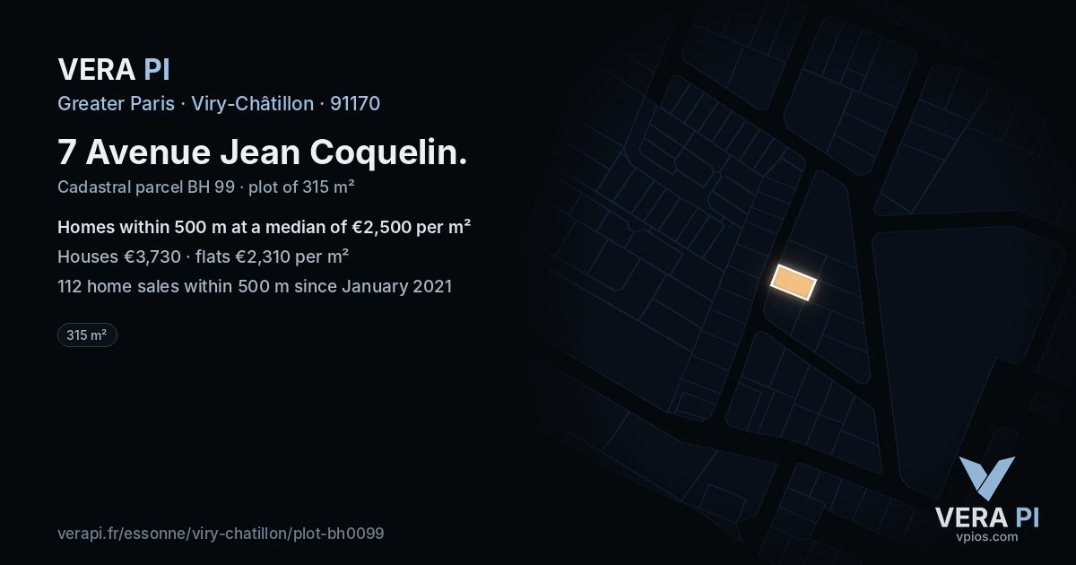 7 Avenue Jean Coquelin, Viry-Châtillon at night – the plot lit, the parcels around coloured by the prices near them