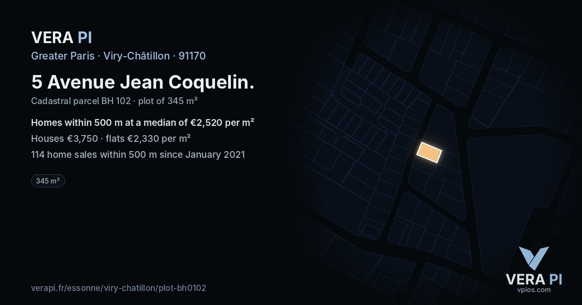 5 Avenue Jean Coquelin, Viry-Châtillon at night – the plot lit, the parcels around coloured by the prices near them