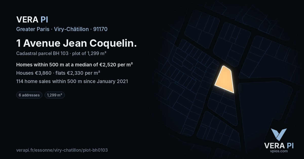 1 Avenue Jean Coquelin, Viry-Châtillon at night – the plot lit, the parcels around coloured by the prices near them
