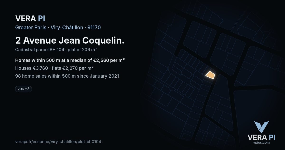 2 Avenue Jean Coquelin, Viry-Châtillon at night – the plot lit, the parcels around coloured by the prices near them