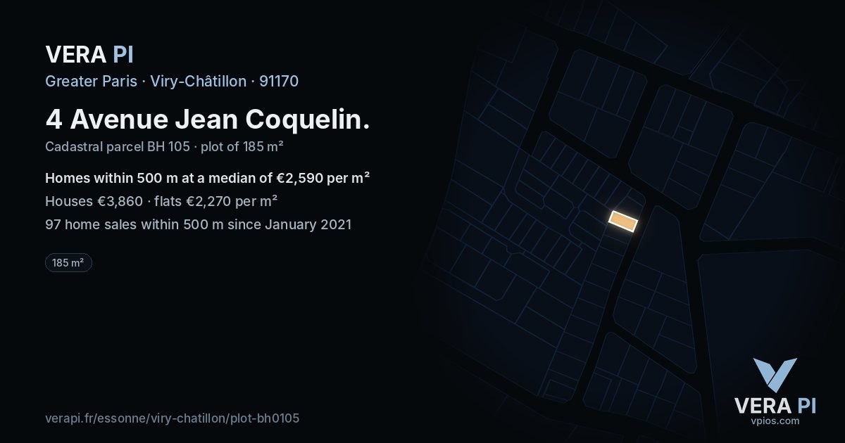 4 Avenue Jean Coquelin, Viry-Châtillon at night – the plot lit, the parcels around coloured by the prices near them