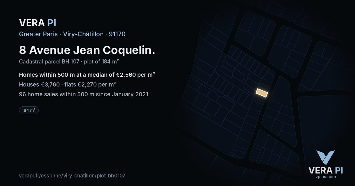8 Avenue Jean Coquelin, Viry-Châtillon at night – the plot lit, the parcels around coloured by the prices near them