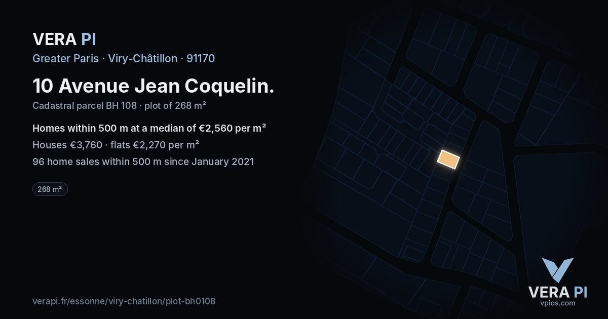 10 Avenue Jean Coquelin, Viry-Châtillon at night – the plot lit, the parcels around coloured by the prices near them