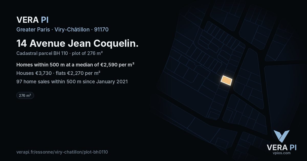 14 Avenue Jean Coquelin, Viry-Châtillon at night – the plot lit, the parcels around coloured by the prices near them