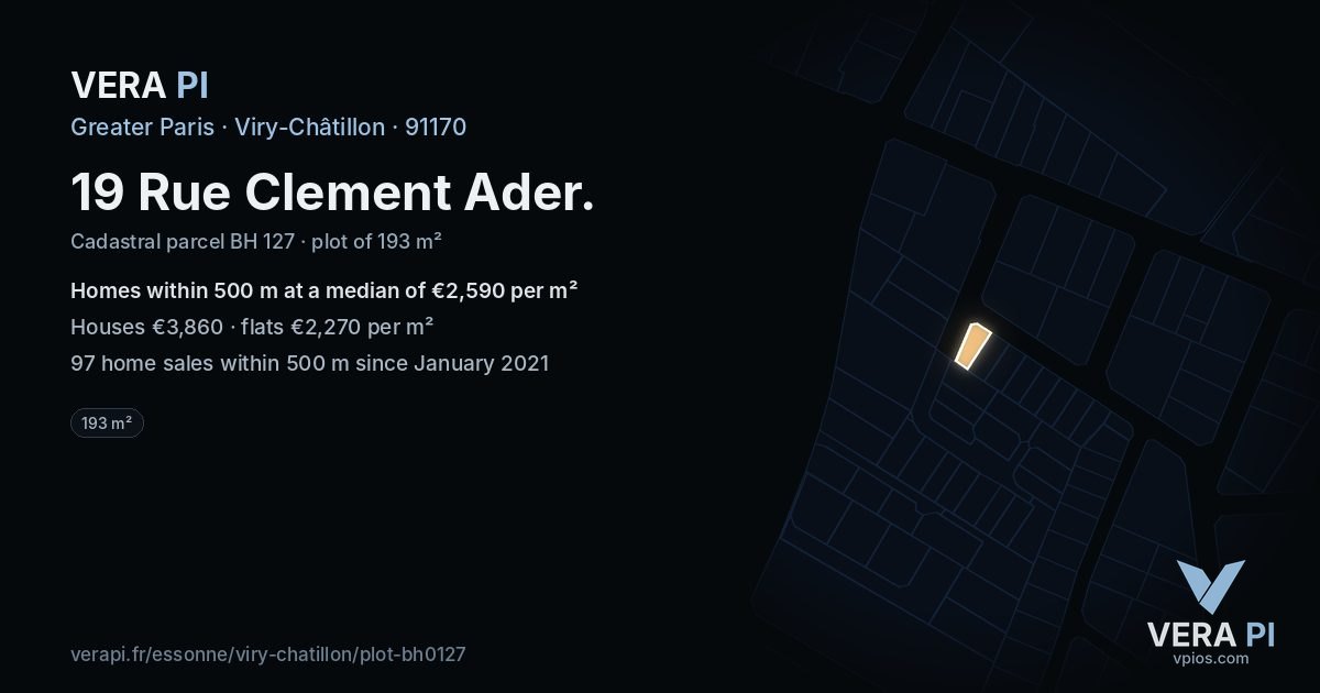 19 Rue Clement Ader, Viry-Châtillon at night – the plot lit, the parcels around coloured by the prices near them