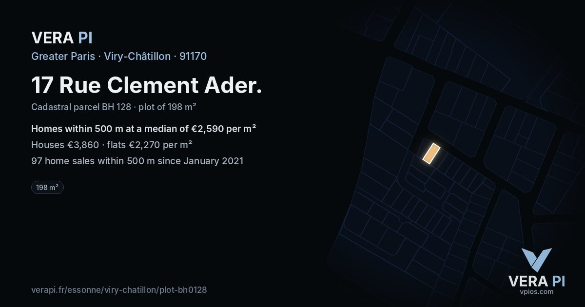 17 Rue Clement Ader, Viry-Châtillon at night – the plot lit, the parcels around coloured by the prices near them