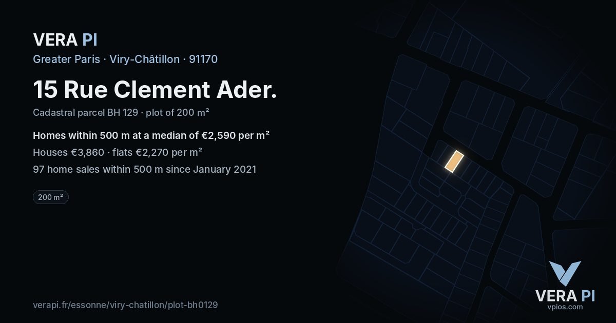 15 Rue Clement Ader, Viry-Châtillon at night – the plot lit, the parcels around coloured by the prices near them