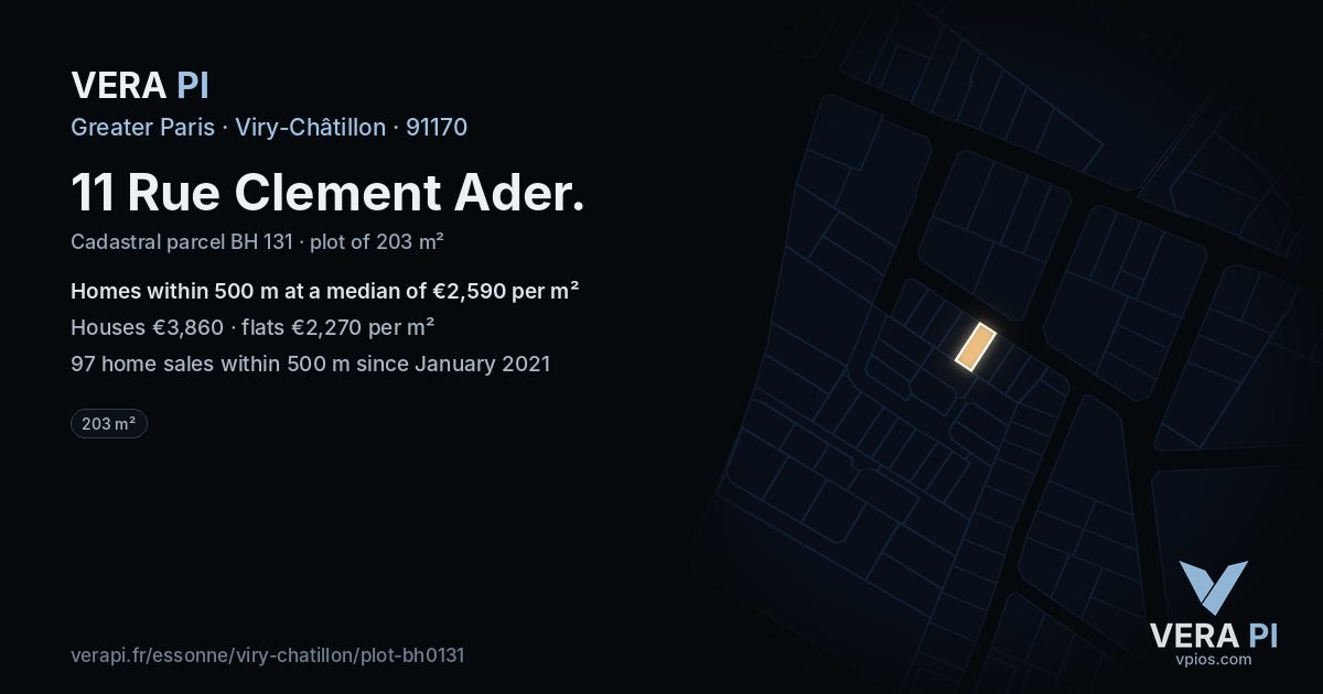 11 Rue Clement Ader, Viry-Châtillon at night – the plot lit, the parcels around coloured by the prices near them