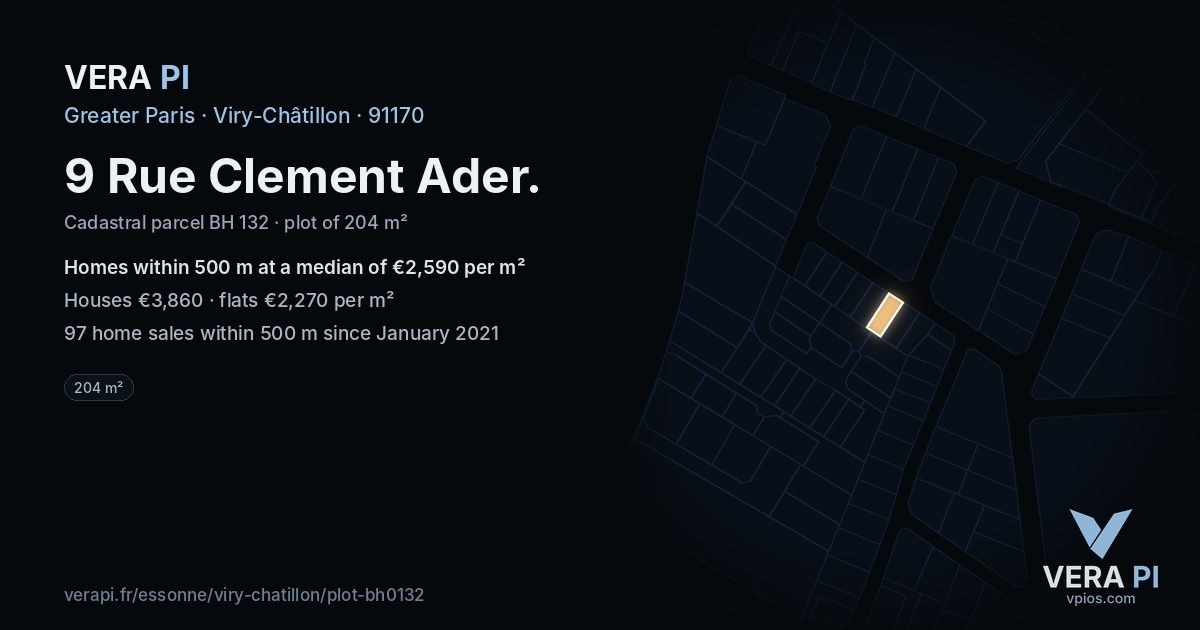 9 Rue Clement Ader, Viry-Châtillon at night – the plot lit, the parcels around coloured by the prices near them