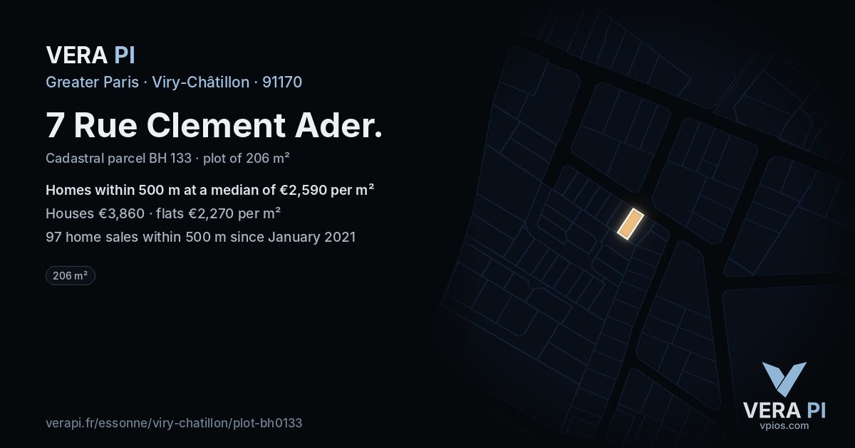 7 Rue Clement Ader, Viry-Châtillon at night – the plot lit, the parcels around coloured by the prices near them