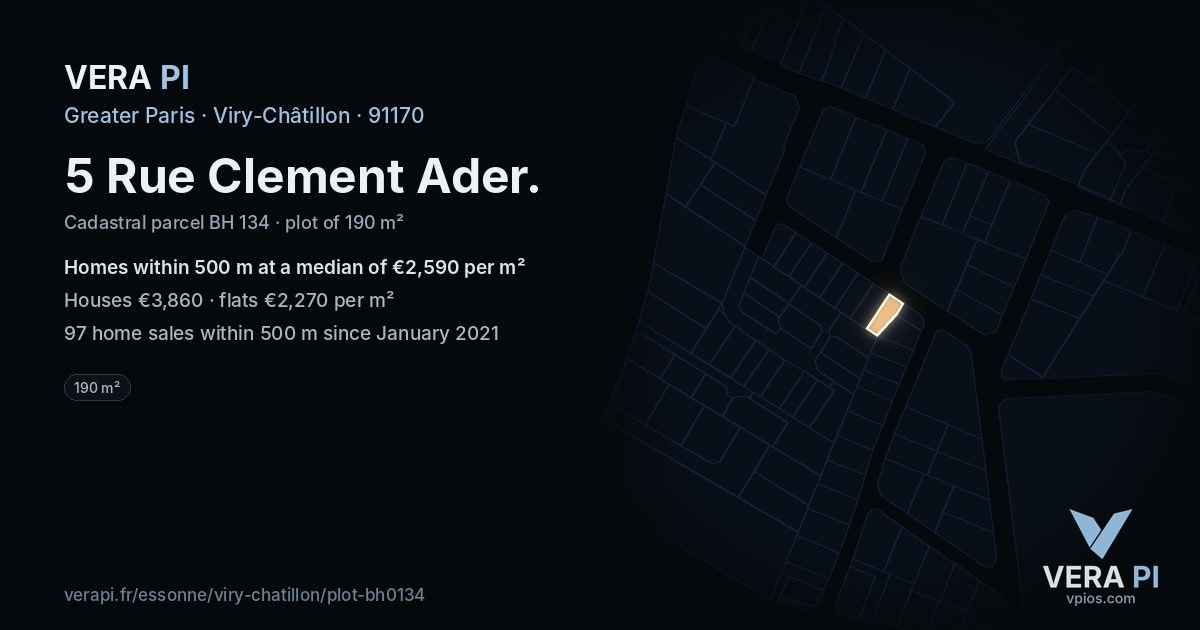 5 Rue Clement Ader, Viry-Châtillon at night – the plot lit, the parcels around coloured by the prices near them