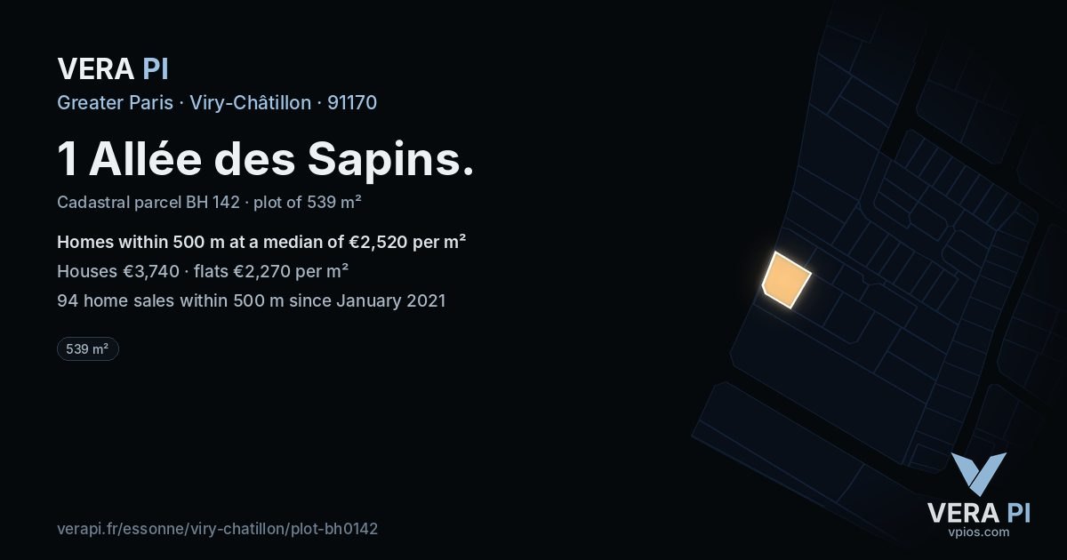 1 Allée des Sapins, Viry-Châtillon at night – the plot lit, the parcels around coloured by the prices near them