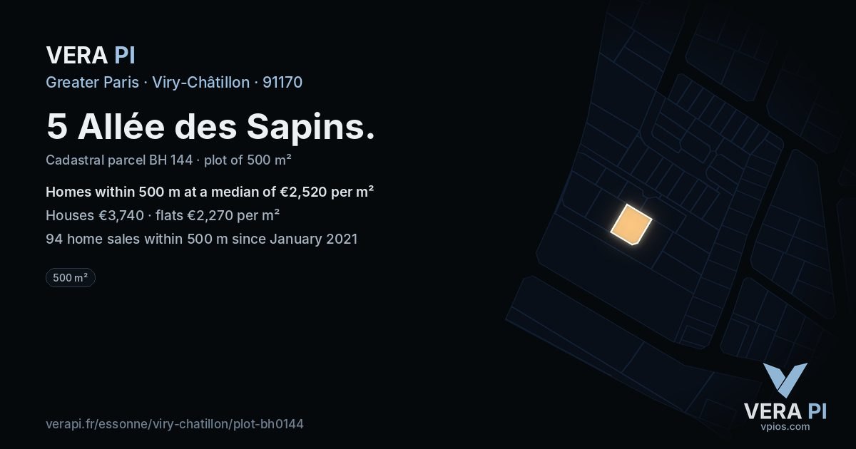 5 Allée des Sapins, Viry-Châtillon at night – the plot lit, the parcels around coloured by the prices near them