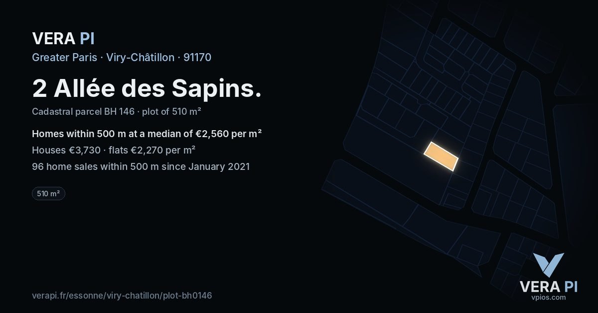 2 Allée des Sapins, Viry-Châtillon at night – the plot lit, the parcels around coloured by the prices near them