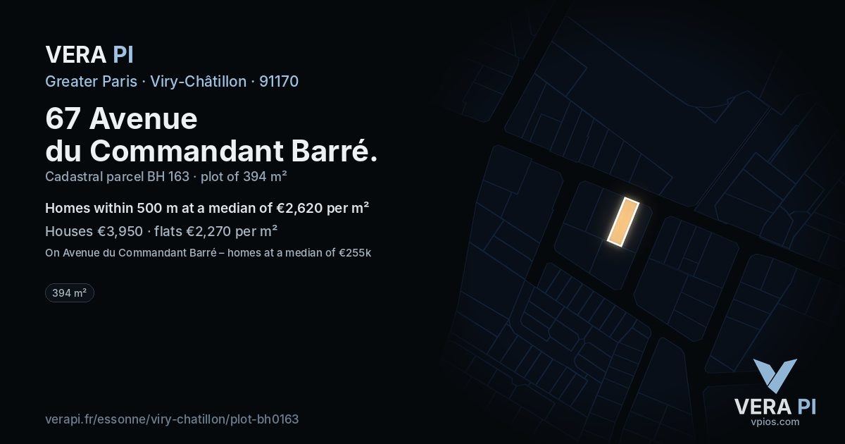 67 Avenue du Commandant Barré, Viry-Châtillon at night – the plot lit, the parcels around coloured by the prices near them