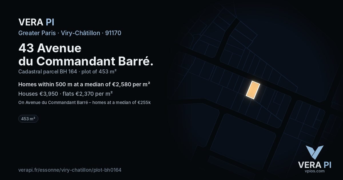 43 Avenue du Commandant Barré, Viry-Châtillon at night – the plot lit, the parcels around coloured by the prices near them