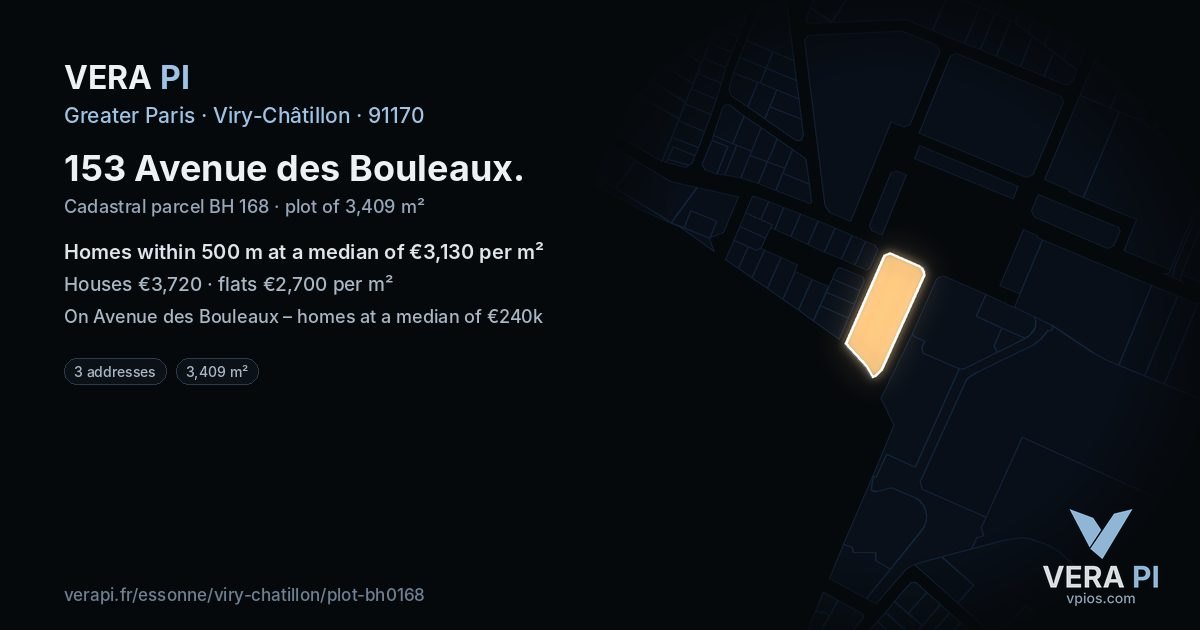 153 Avenue des Bouleaux, Viry-Châtillon at night – the plot lit, the parcels around coloured by the prices near them