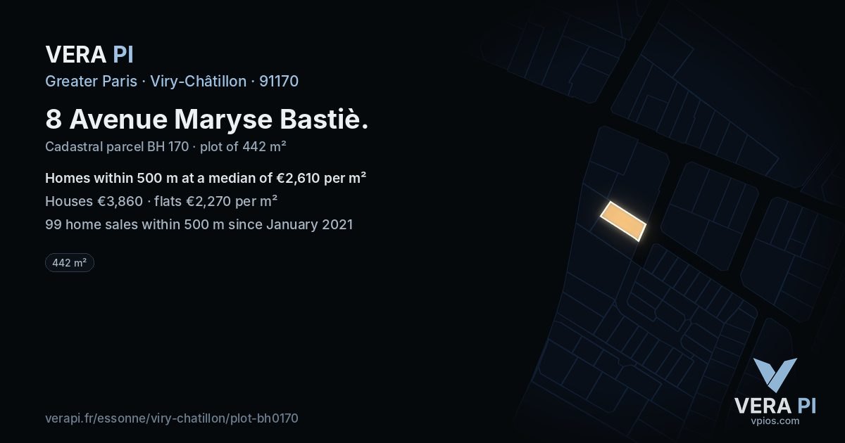 8 Avenue Maryse Bastiè, Viry-Châtillon at night – the plot lit, the parcels around coloured by the prices near them