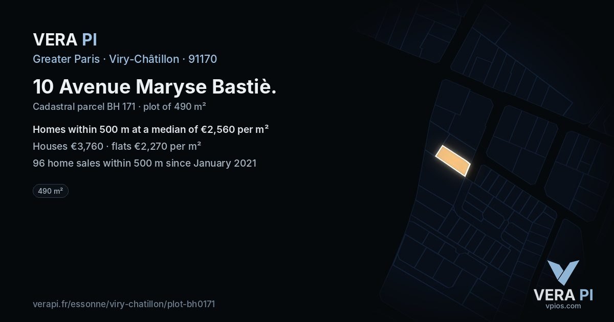 10 Avenue Maryse Bastiè, Viry-Châtillon at night – the plot lit, the parcels around coloured by the prices near them