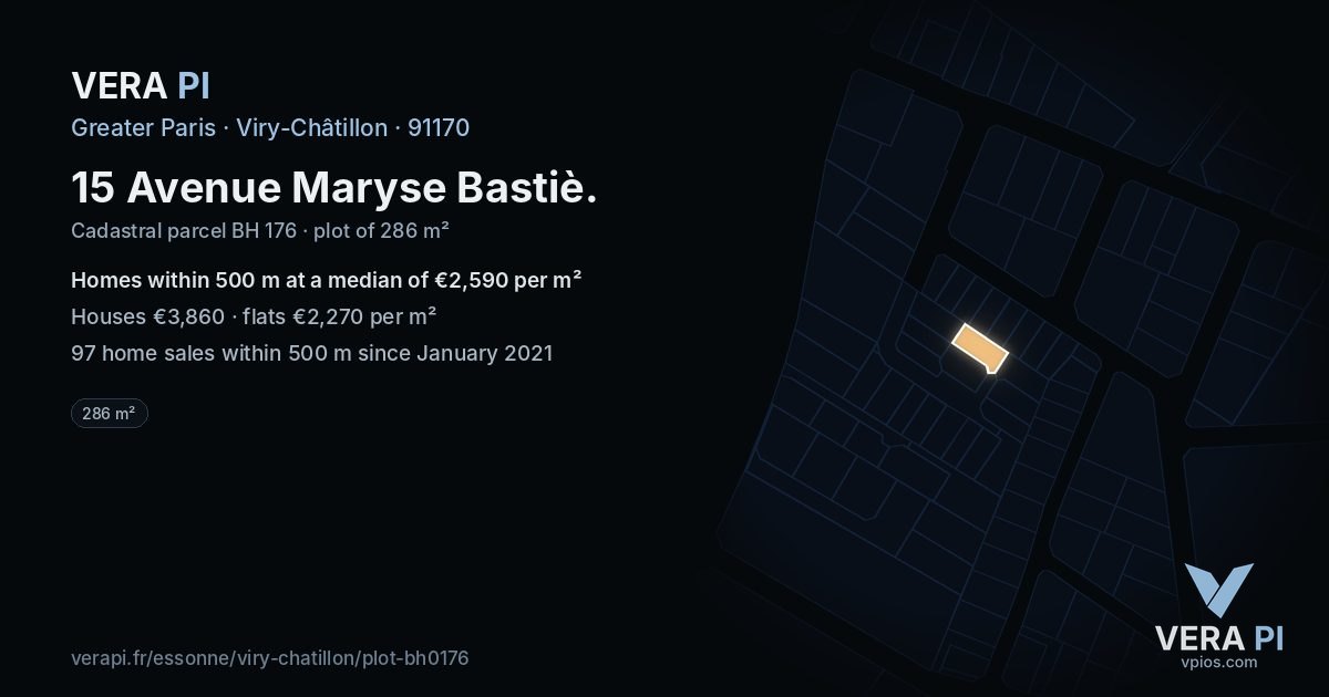 15 Avenue Maryse Bastiè, Viry-Châtillon at night – the plot lit, the parcels around coloured by the prices near them