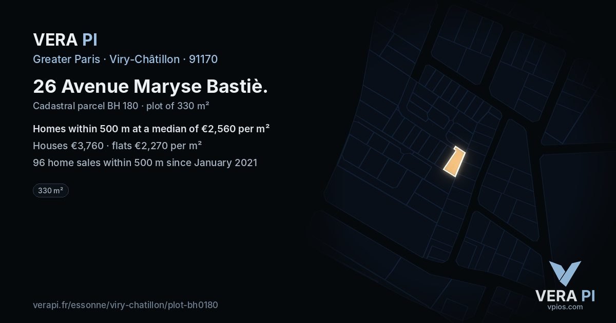 26 Avenue Maryse Bastiè, Viry-Châtillon at night – the plot lit, the parcels around coloured by the prices near them