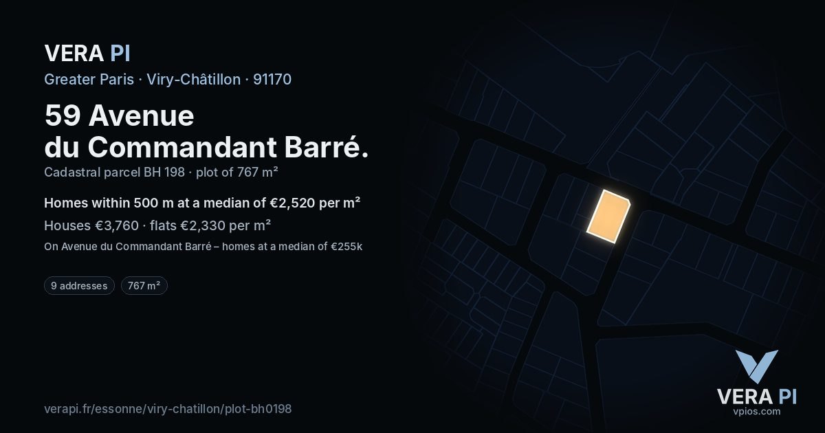 59 Avenue du Commandant Barré, Viry-Châtillon at night – the plot lit, the parcels around coloured by the prices near them