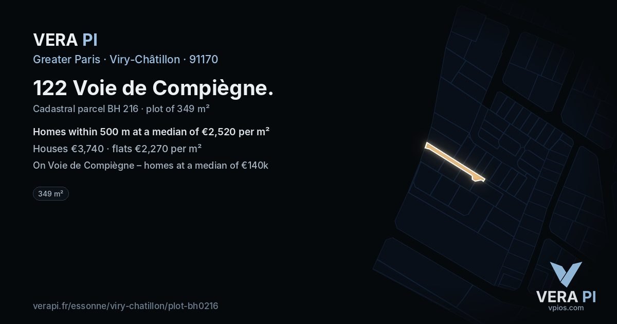122 Voie de Compiègne, Viry-Châtillon at night – the plot lit, the parcels around coloured by the prices near them
