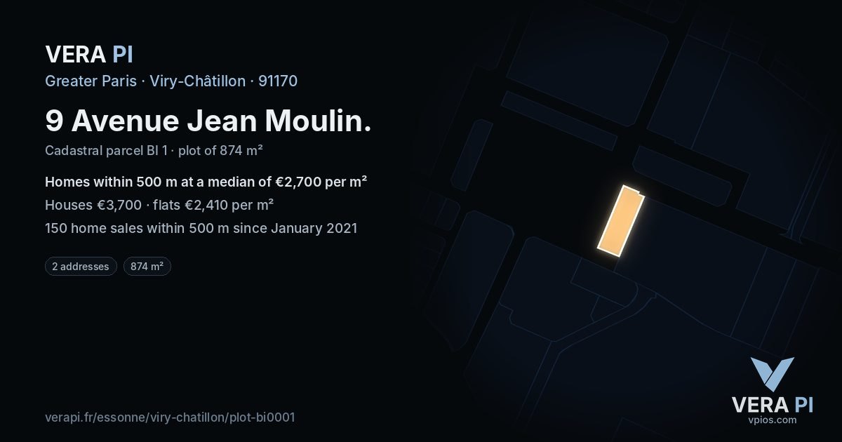9 Avenue Jean Moulin, Viry-Châtillon at night – the plot lit, the parcels around coloured by the prices near them
