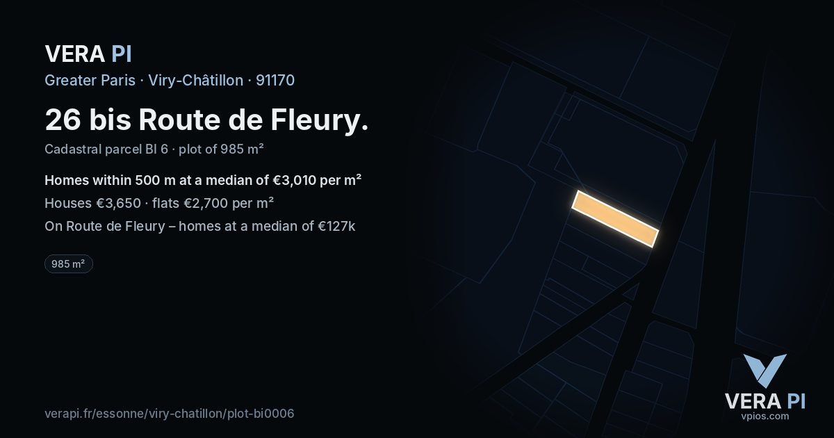26 bis Route de Fleury, Viry-Châtillon at night – the plot lit, the parcels around coloured by the prices near them