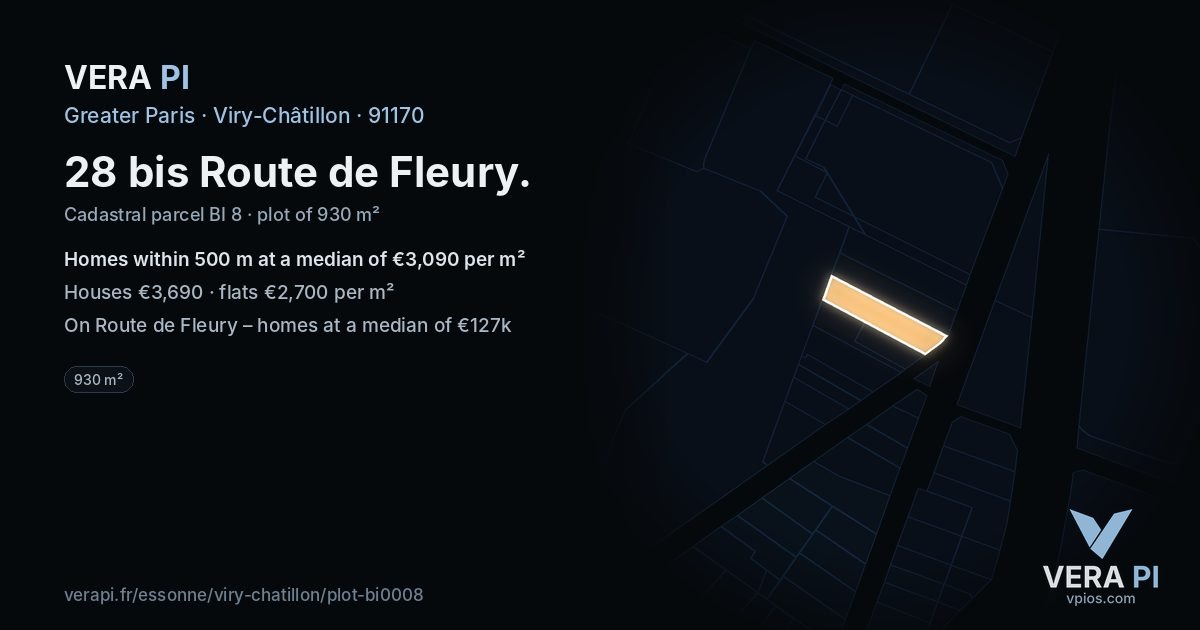 28 bis Route de Fleury, Viry-Châtillon at night – the plot lit, the parcels around coloured by the prices near them