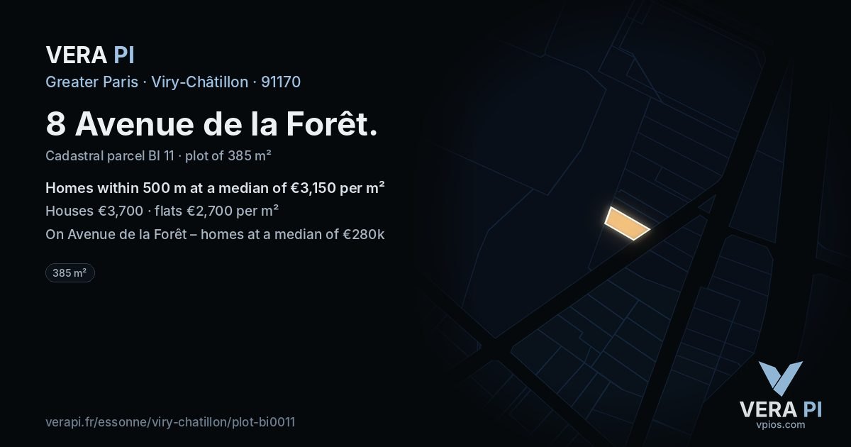 8 Avenue de la Forêt, Viry-Châtillon at night – the plot lit, the parcels around coloured by the prices near them