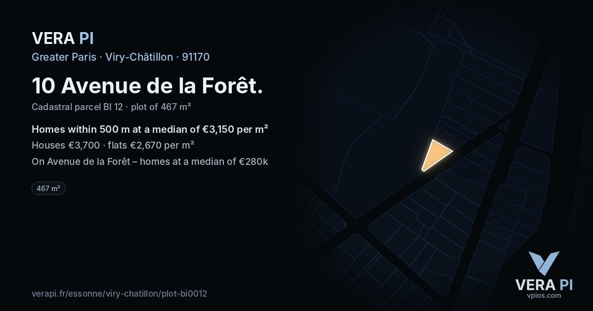 10 Avenue de la Forêt, Viry-Châtillon at night – the plot lit, the parcels around coloured by the prices near them