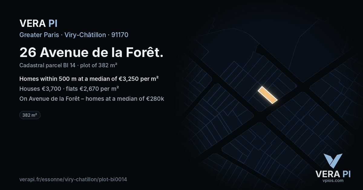 26 Avenue de la Forêt, Viry-Châtillon at night – the plot lit, the parcels around coloured by the prices near them