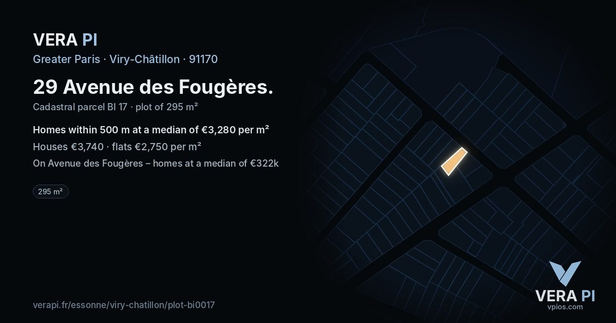 29 Avenue des Fougères, Viry-Châtillon at night – the plot lit, the parcels around coloured by the prices near them