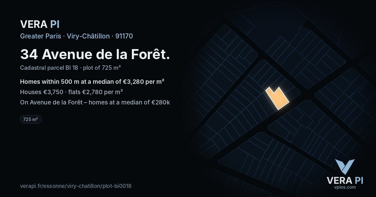 34 Avenue de la Forêt, Viry-Châtillon at night – the plot lit, the parcels around coloured by the prices near them