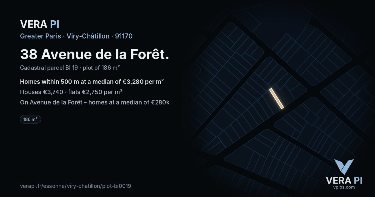 38 Avenue de la Forêt, Viry-Châtillon at night – the plot lit, the parcels around coloured by the prices near them
