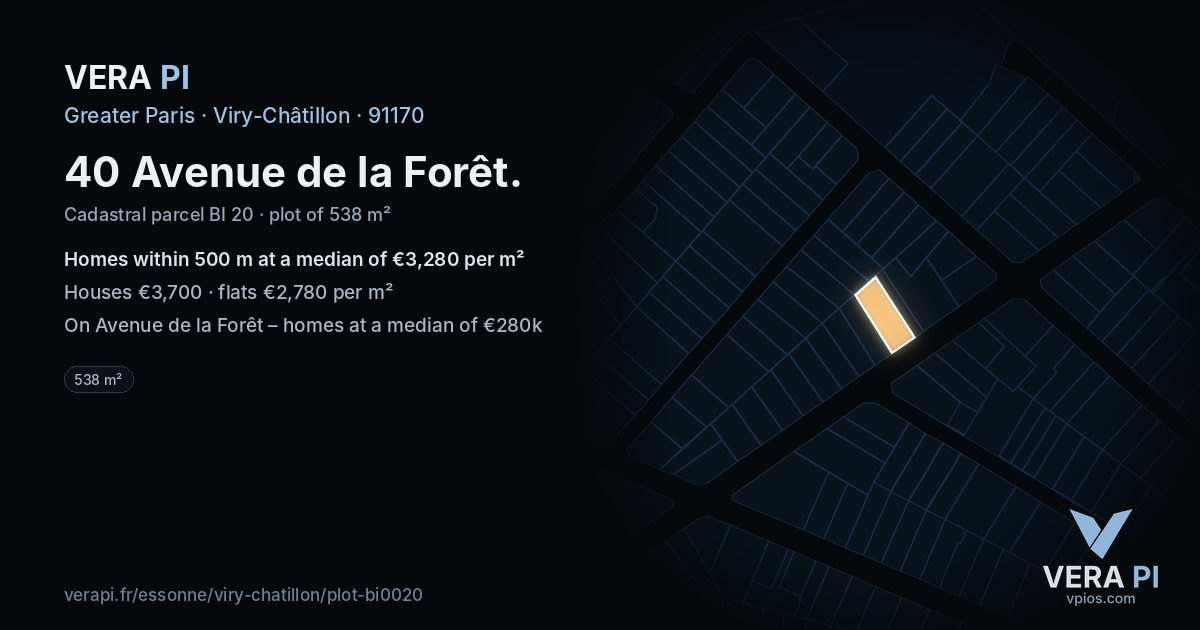 40 Avenue de la Forêt, Viry-Châtillon at night – the plot lit, the parcels around coloured by the prices near them