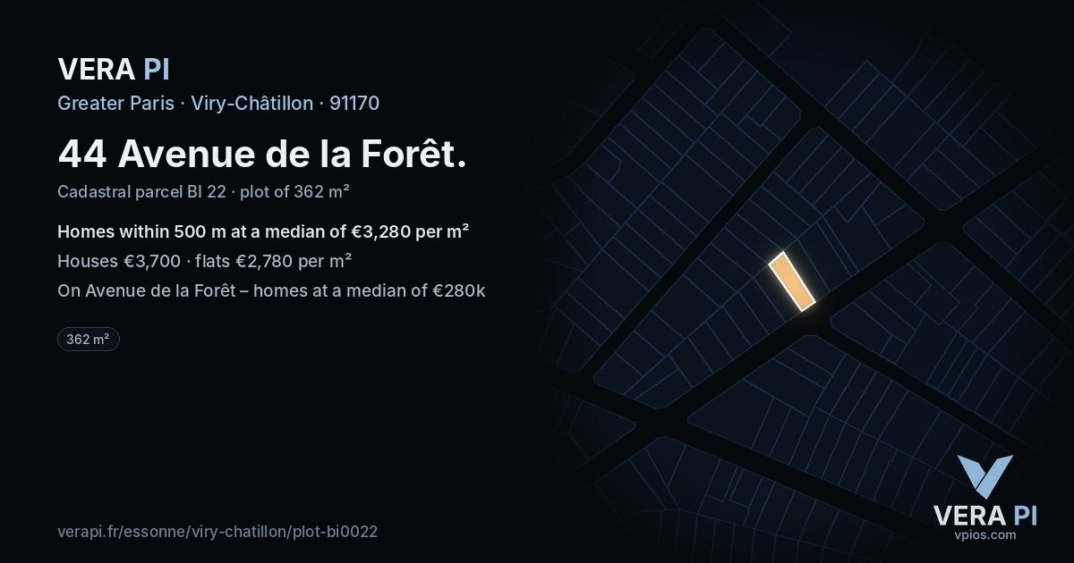 44 Avenue de la Forêt, Viry-Châtillon at night – the plot lit, the parcels around coloured by the prices near them