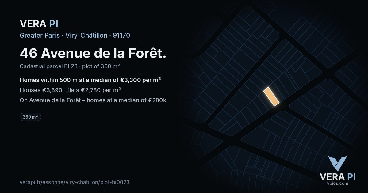 46 Avenue de la Forêt, Viry-Châtillon at night – the plot lit, the parcels around coloured by the prices near them