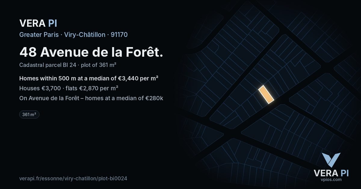 48 Avenue de la Forêt, Viry-Châtillon at night – the plot lit, the parcels around coloured by the prices near them