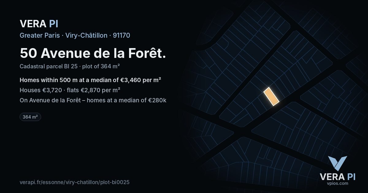 50 Avenue de la Forêt, Viry-Châtillon at night – the plot lit, the parcels around coloured by the prices near them